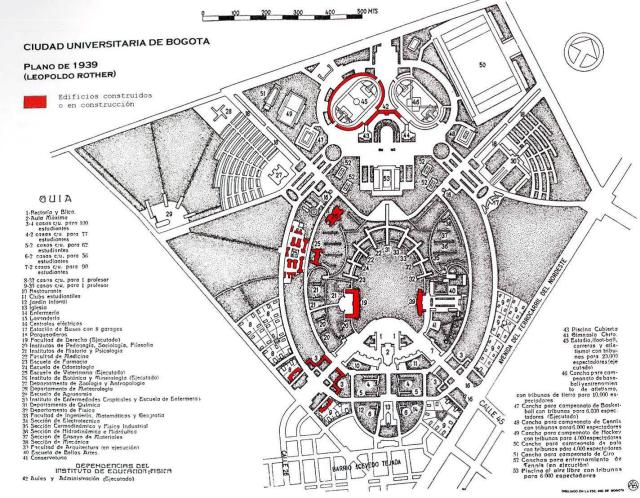 Plano del proyecto de campus para la Universidad Nacional y estado de avance a 1942, por Leopoldo Rother. Fuente: Oficina de Planeación, UN.